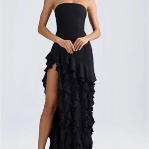 Ruffle-Trim Strapless Gown in Black